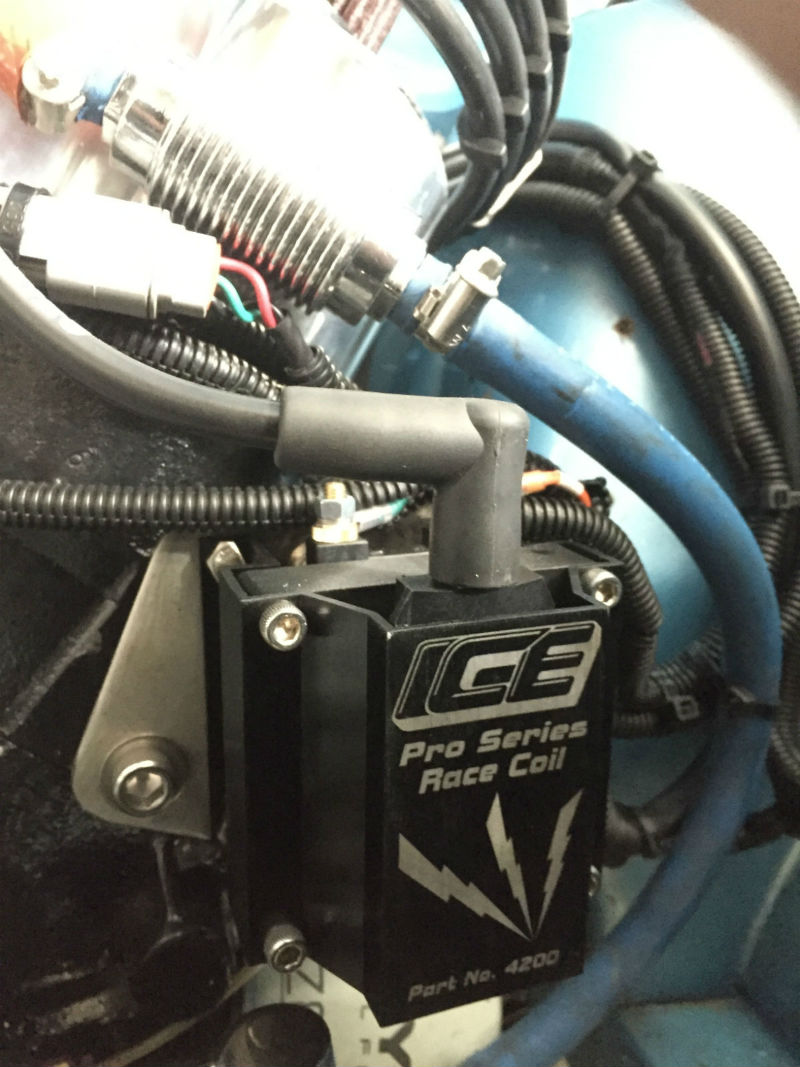 Close up of ICE Ignition 4200 Pro Series Race Coil in XP Falcon